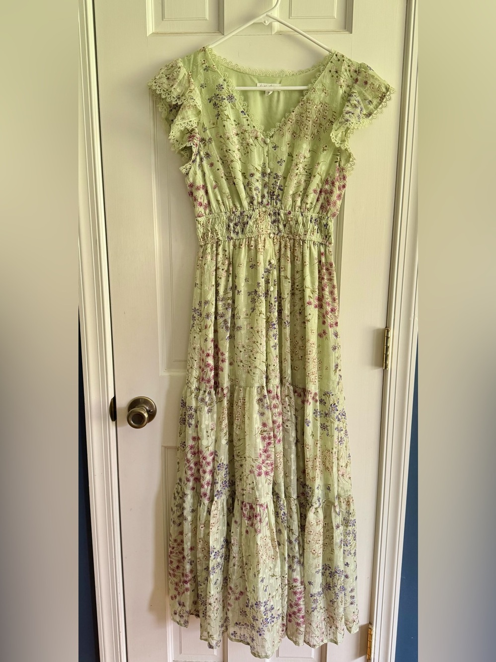 Light Green Floral Tiered Maxi Dress with Smocked Waist
